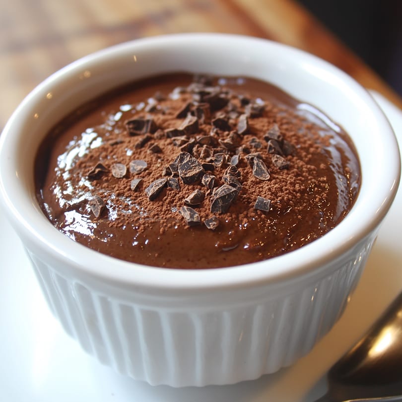 Rich chocolate mousse in a white ramekin, topped with cocoa powder and chocolate shavings.